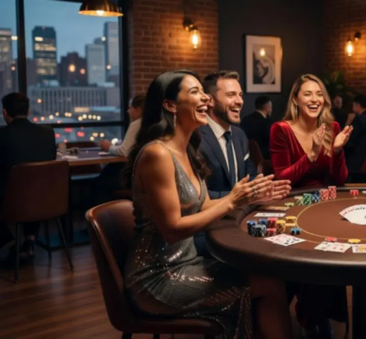 Grupa znajomych przy stole pokerowym podczas prywatnej imprezy